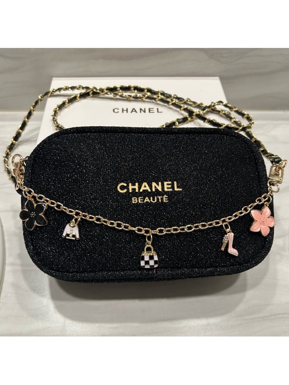 Black Sparkle Crossbody Bag with Charm Chain GWP